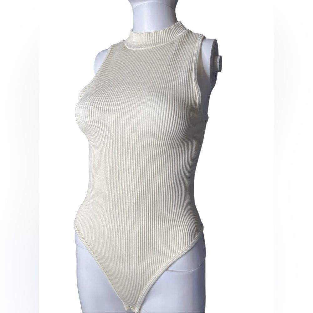 Pink Rose Ribbed Mock Neck Bodysuit Cream White XS Small